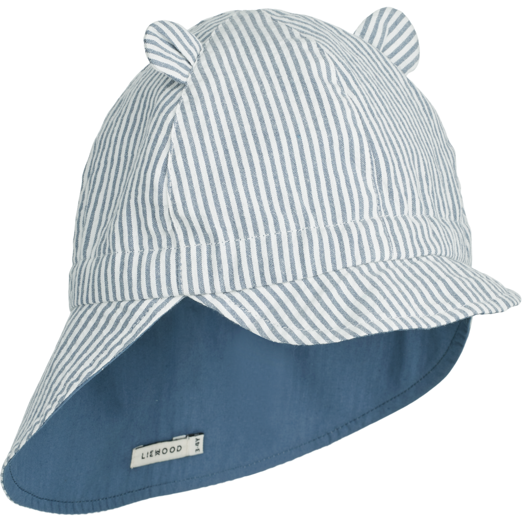 Liewood Gorm Reversible Seersucker Zonnehoedje Met Oortjes | Y/D Stripe: Blue Wave/Creme De La Creme