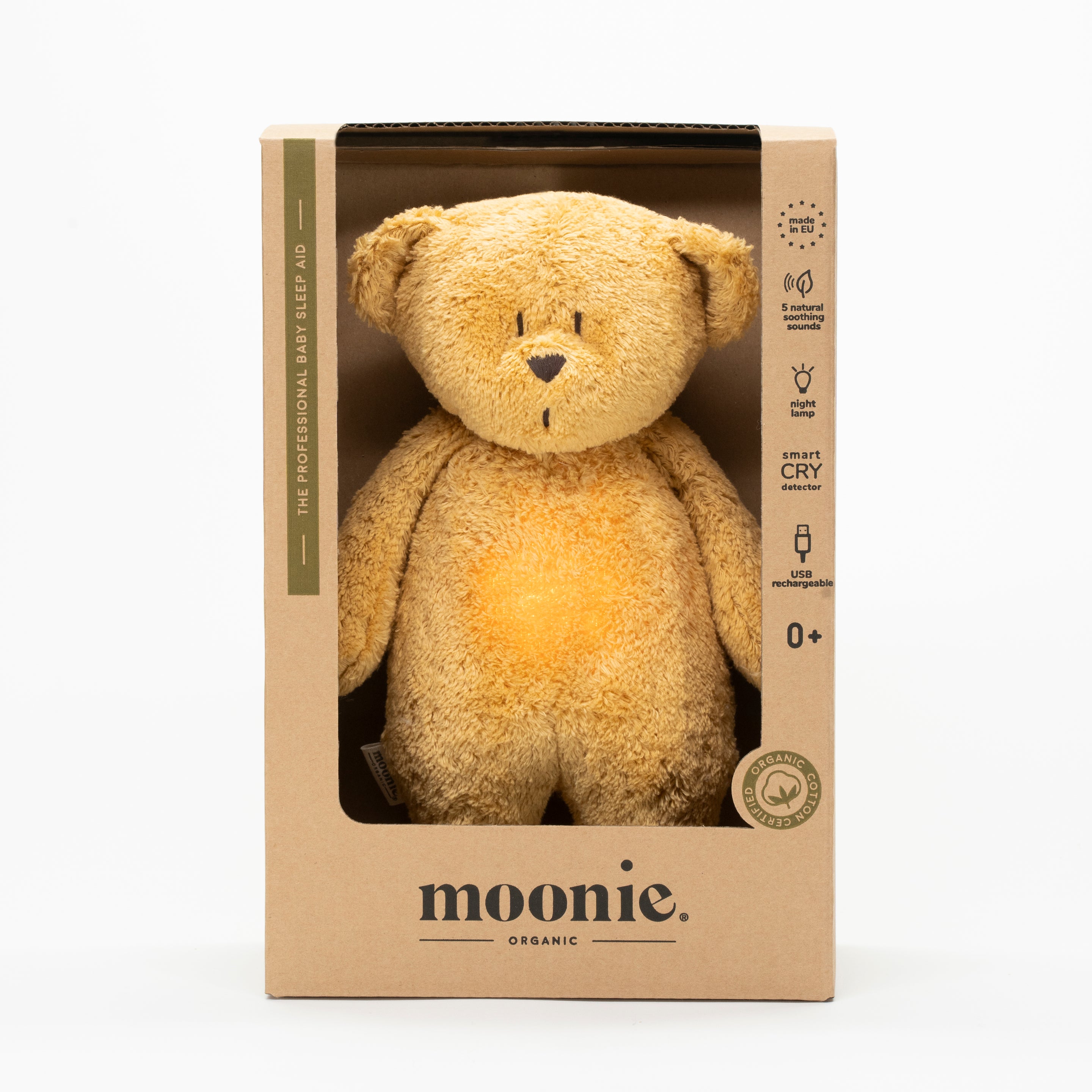 Moonie 2.0 upgrade - Knuffel Hartslag en Licht | Bear Honey - Biologisch katoen