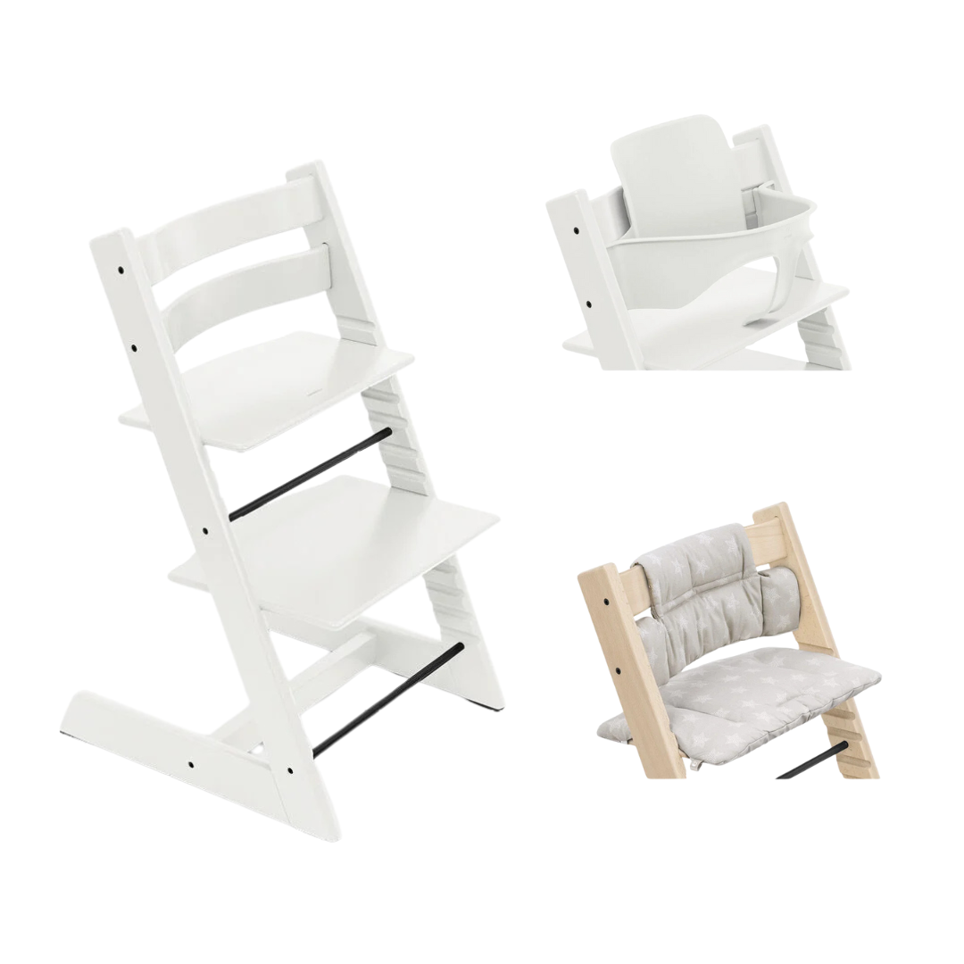 Stokke® Tripp Trapp® Bundle Stoel + Babyset + Kussen | White Star Silver