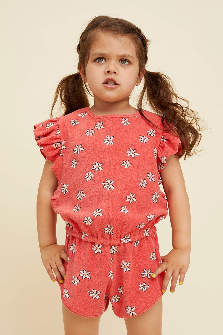 Sproet & Sprout Ruffle Terry Jumpsuit Daisies Print | Rose Petal